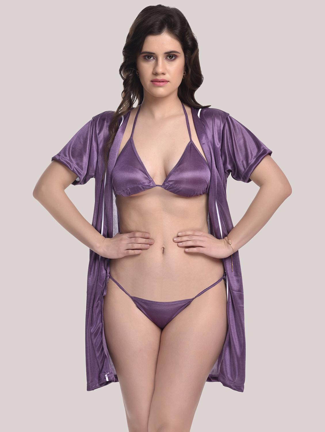 tie front solid robe with bra & panty set - 18466682 - Standard Image - 1