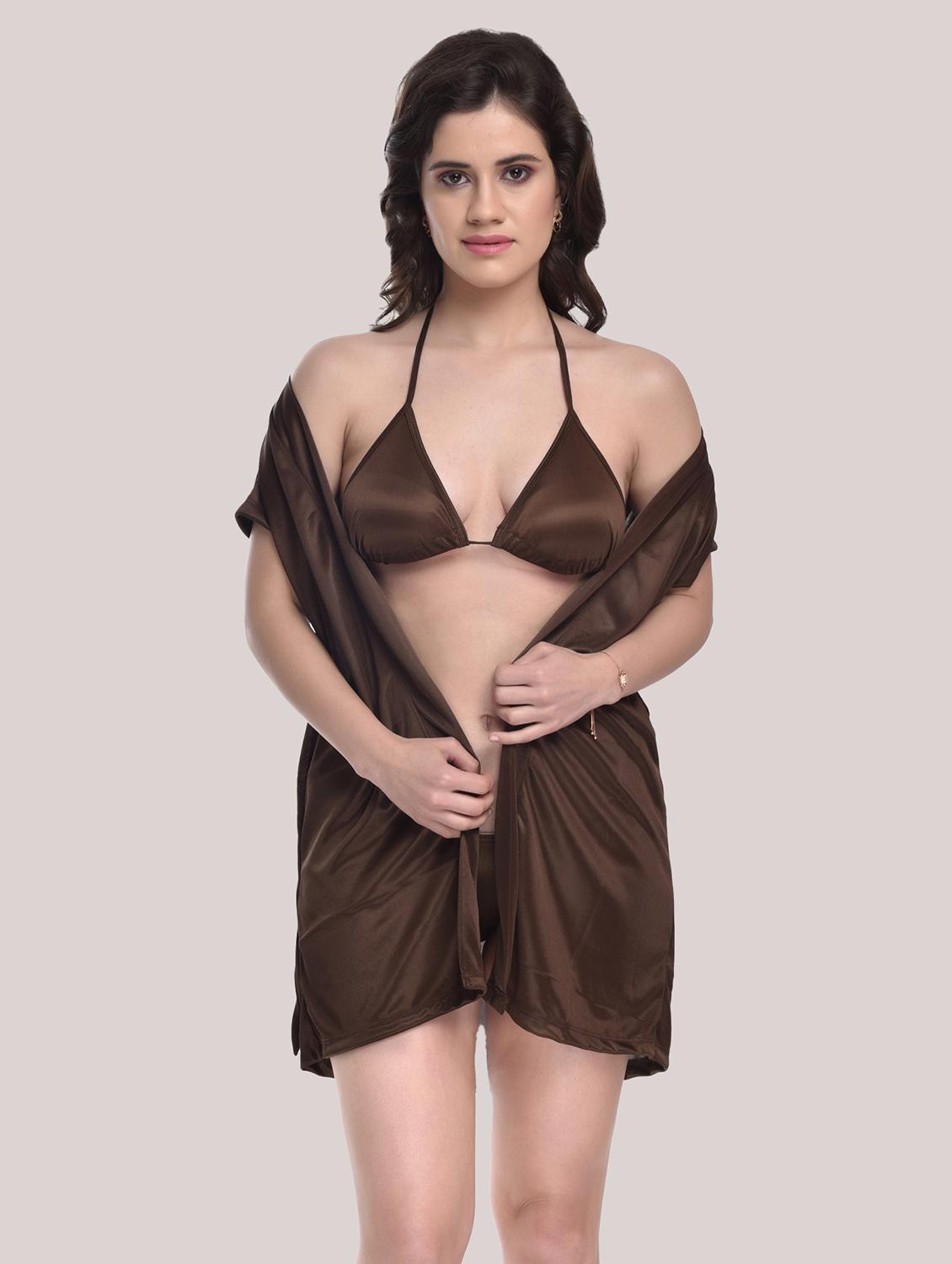 tie front solid robe with bra & panty set - 18466686 - Standard Image - 1