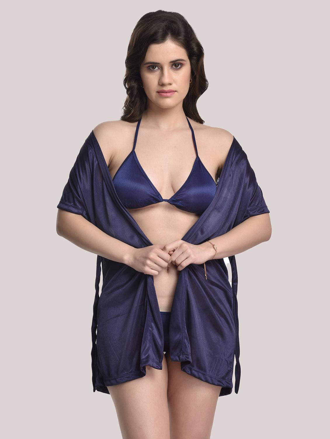 tie front solid robe with bra & panty set - 18466687 - Standard Image - 1