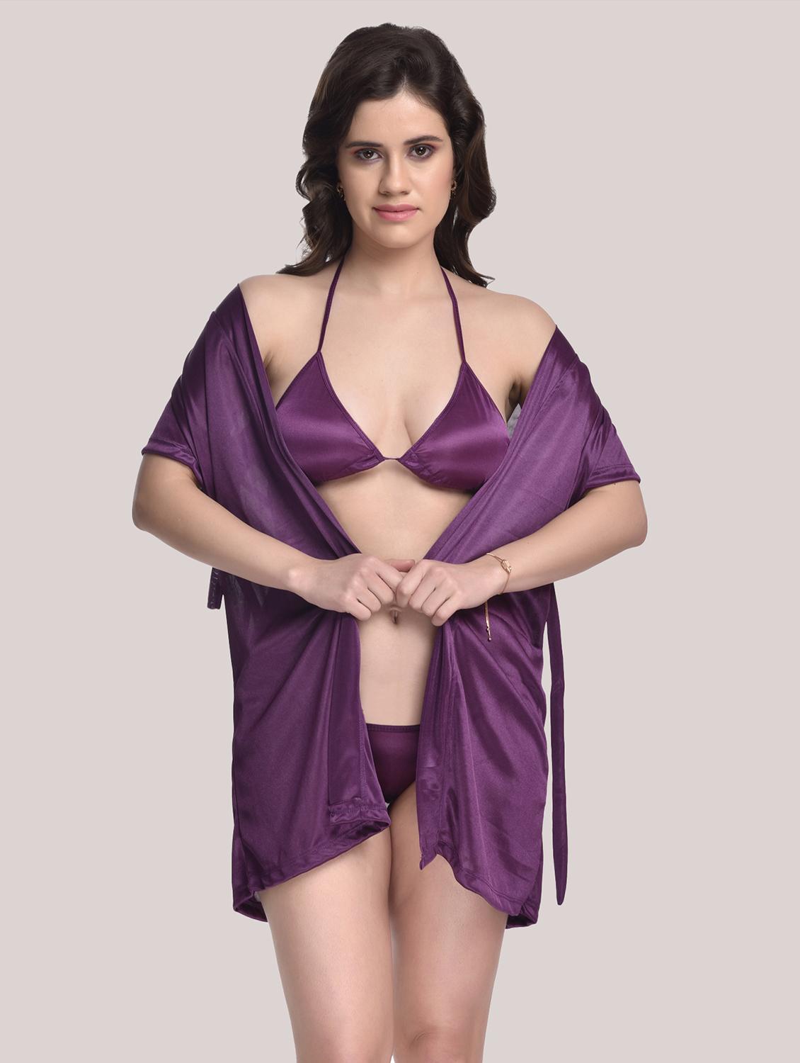 tie front solid robe with bra & panty set - 18466688 - Standard Image - 1
