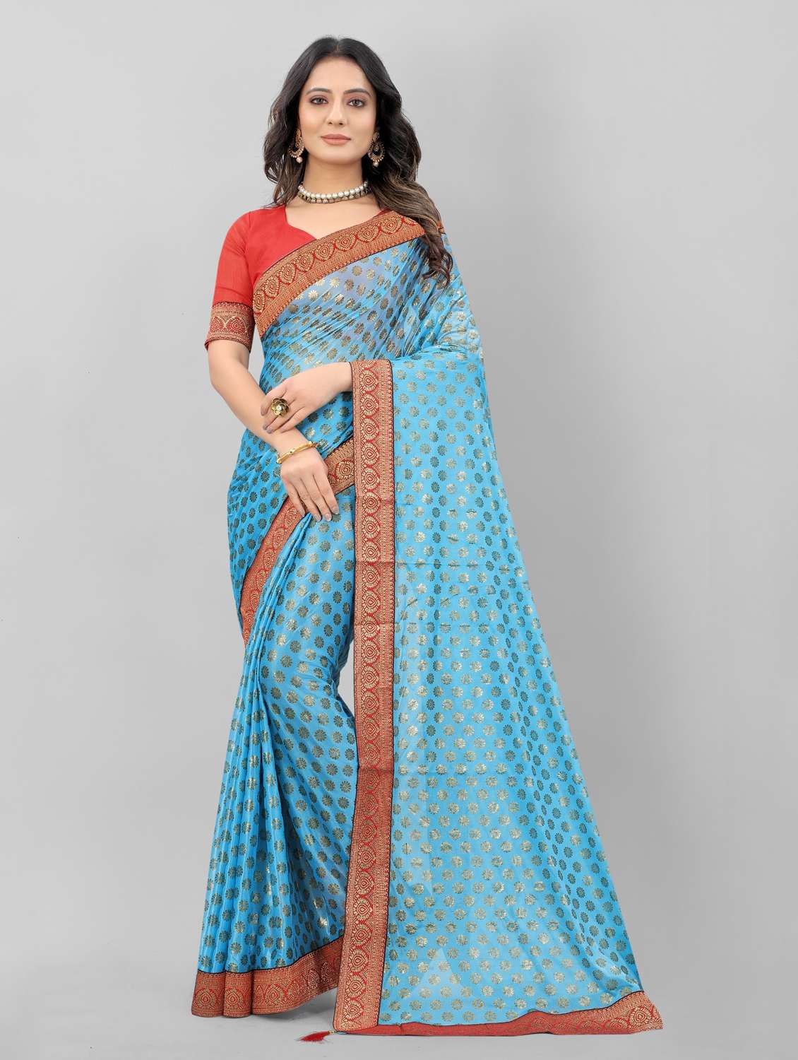 lace detailed foil printed saree with blouse