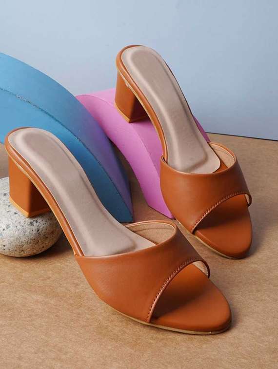 tan synthetic slip on sandals