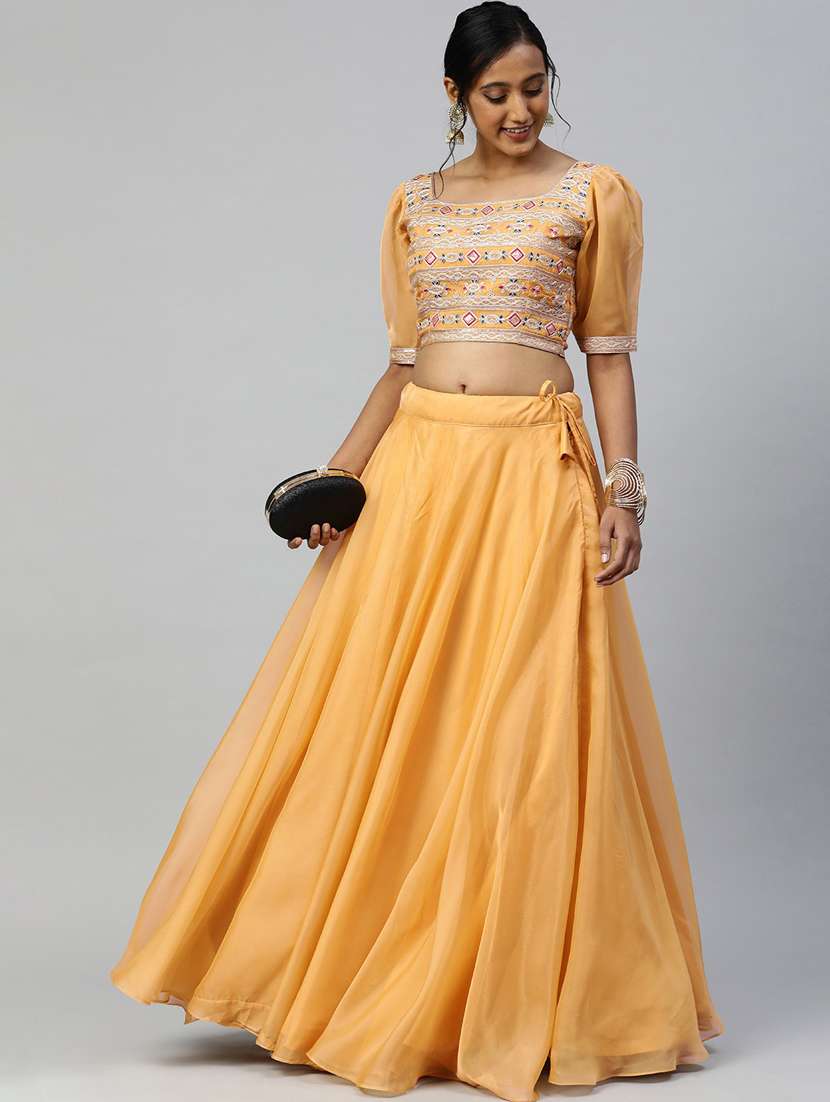 yellow embroidered stitched flared lehenga choli set