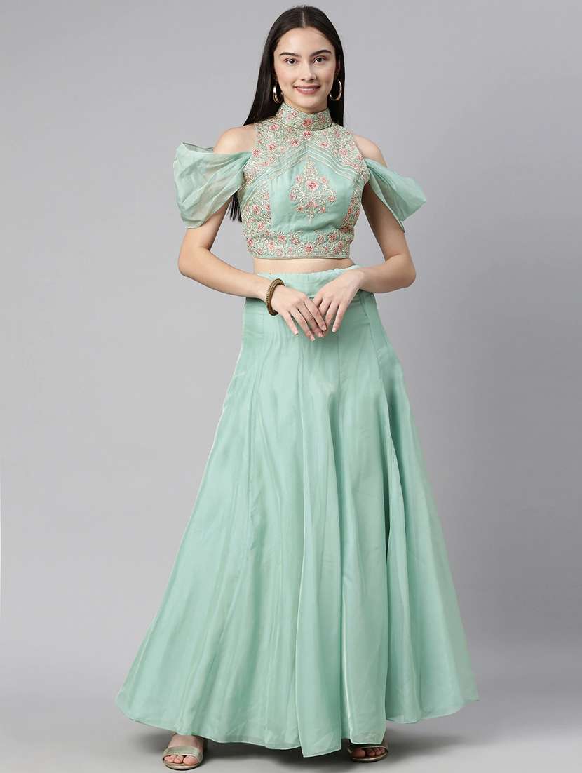 green embroidered stitched flared lehenga choli set