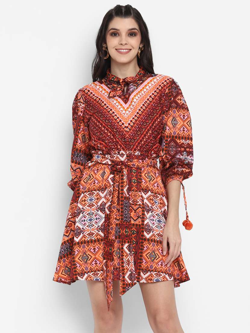 women's belted printed dress