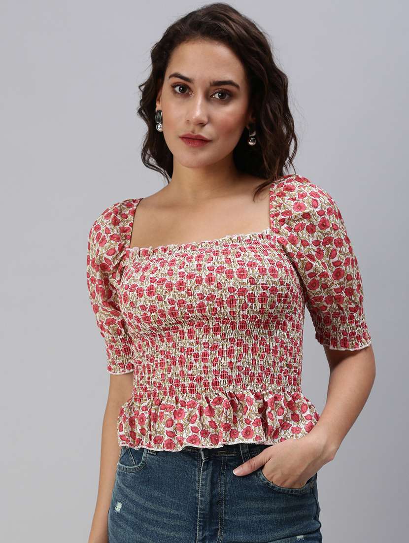 square neck smocked detailed top
