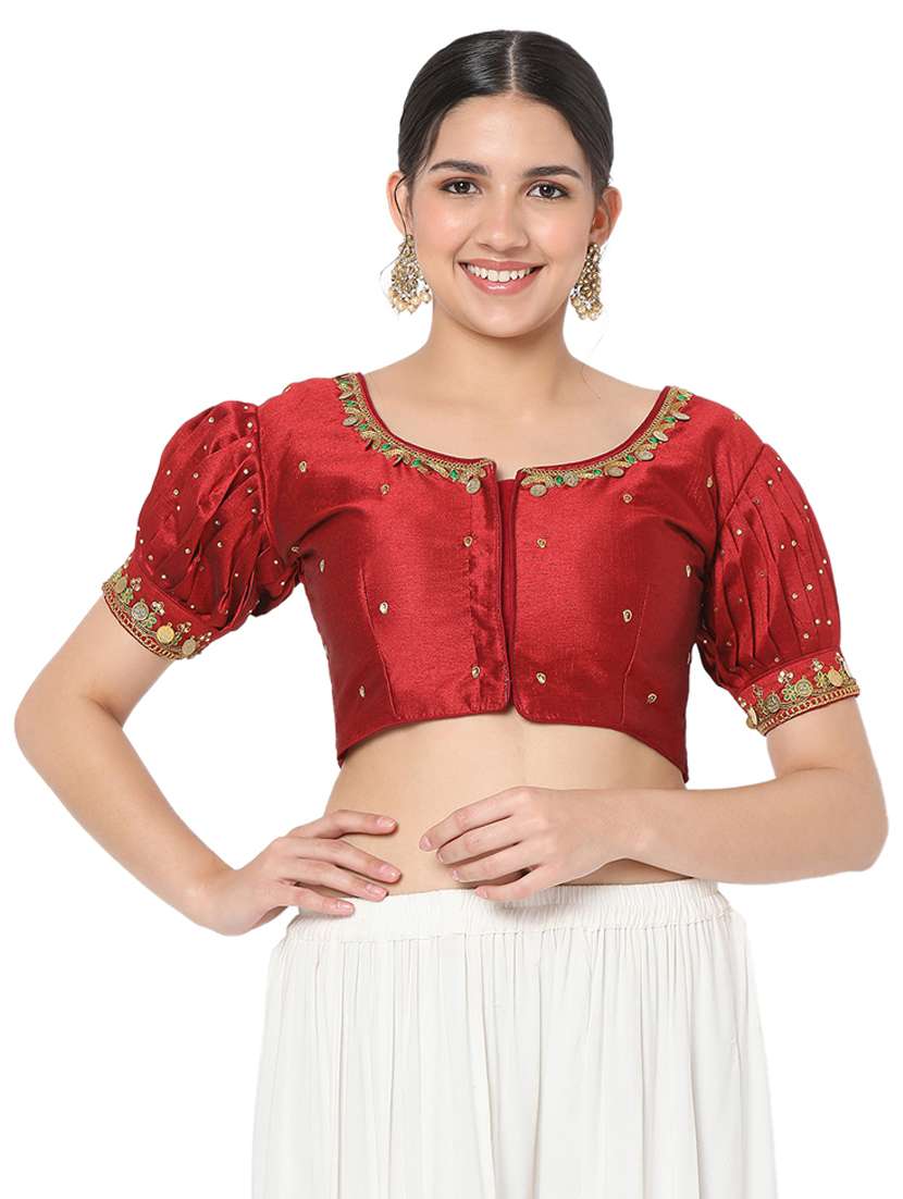 red silk embroidered blouse