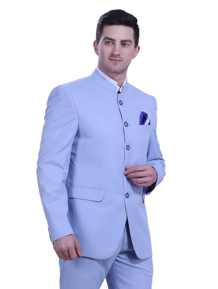 light blue solid bandhgala two piece suit set - 18470381 - Standard Image - 1