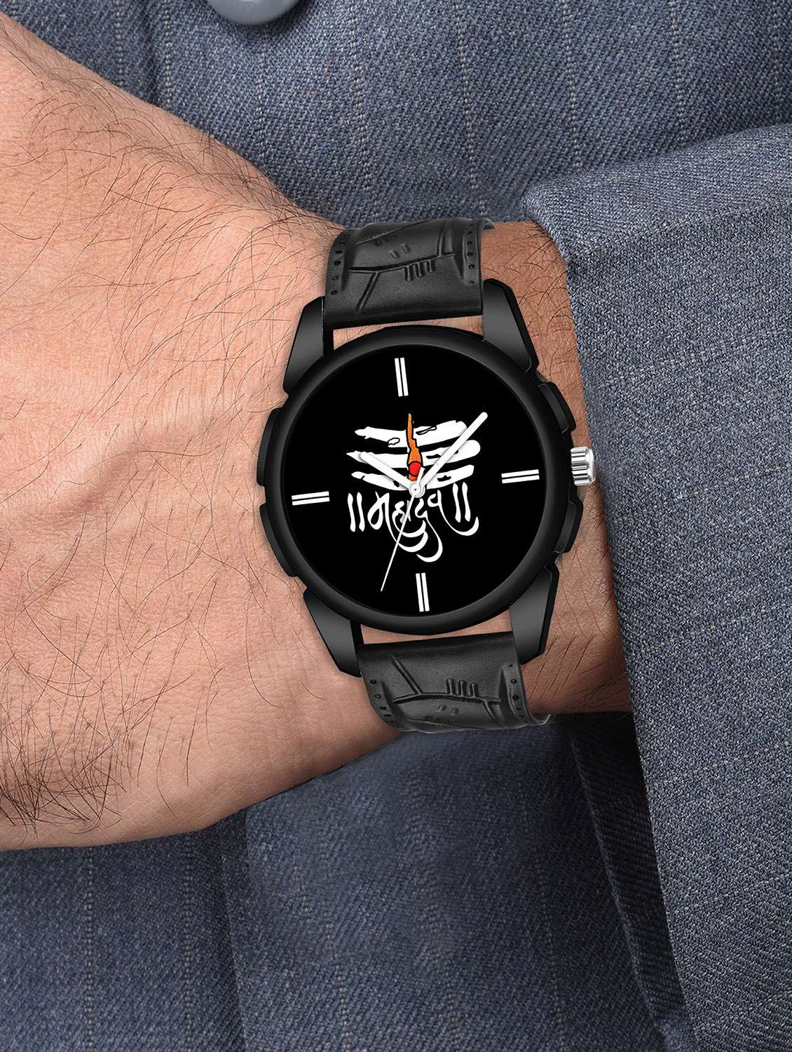 kajaru jew_46_k_1251 gold mahakal bracelet with black mahadev dial and pu  black strap fancy look analog with quartz watch