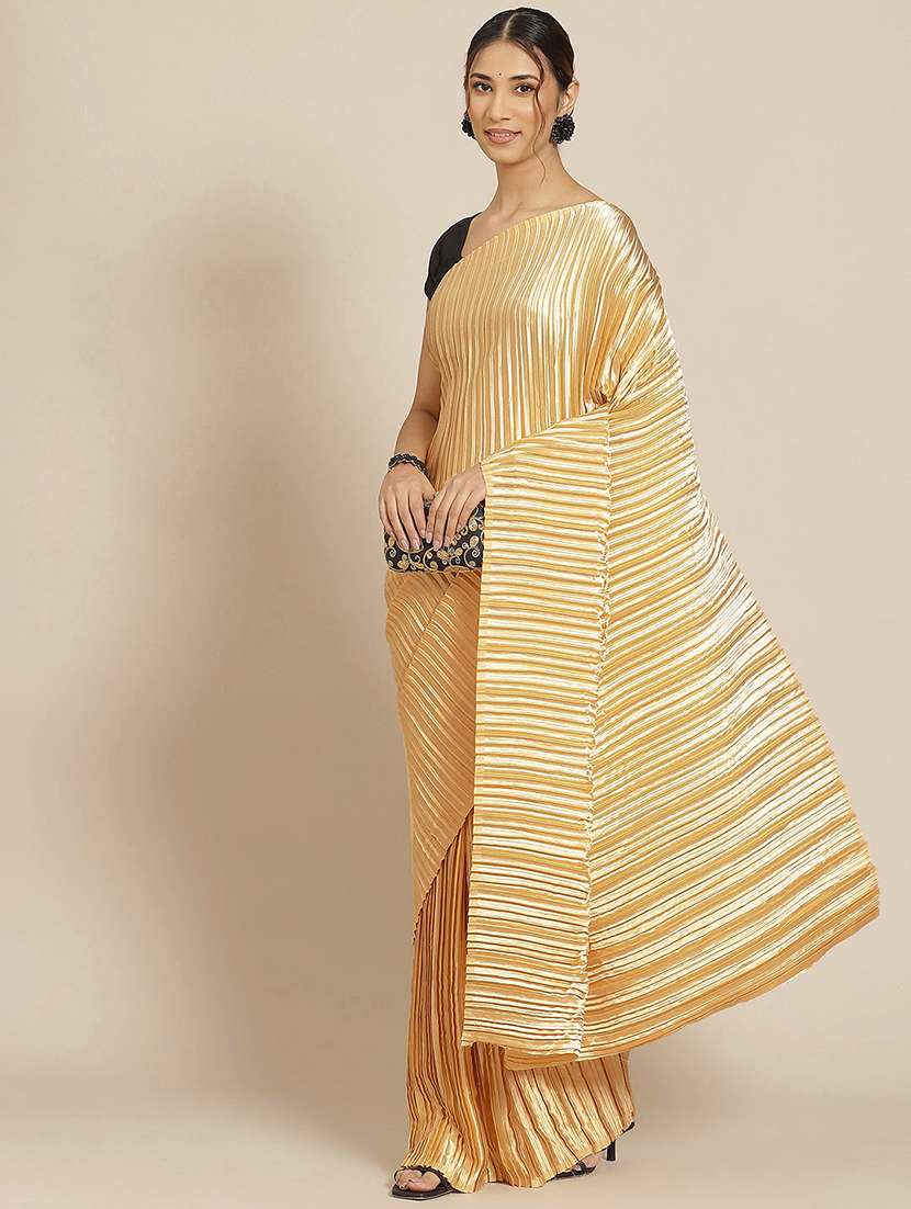 women's solid gold colored saree with blouse