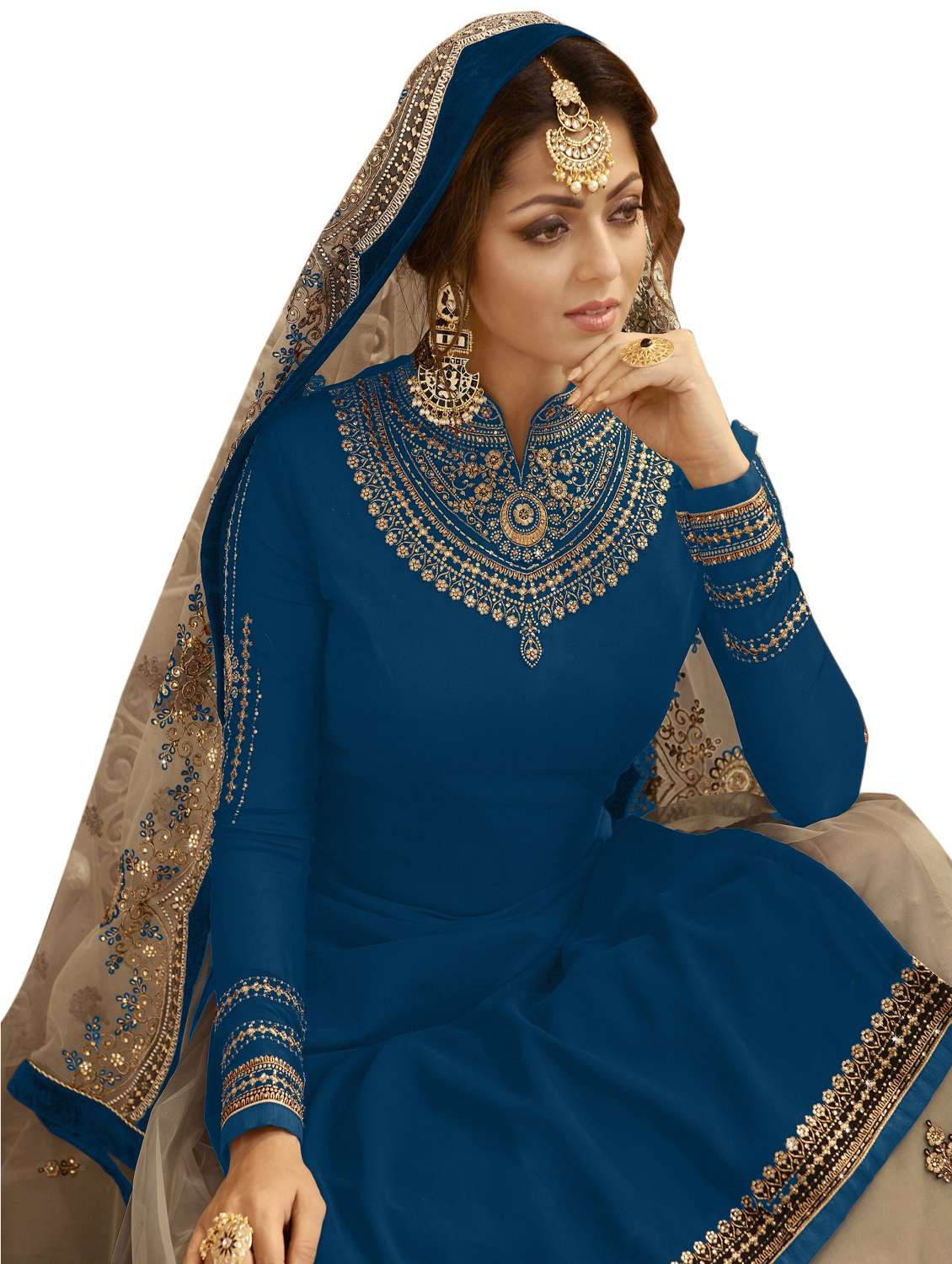 embroidered flared semi-stitched suit set  - 18471095 -  Standard Image - 1