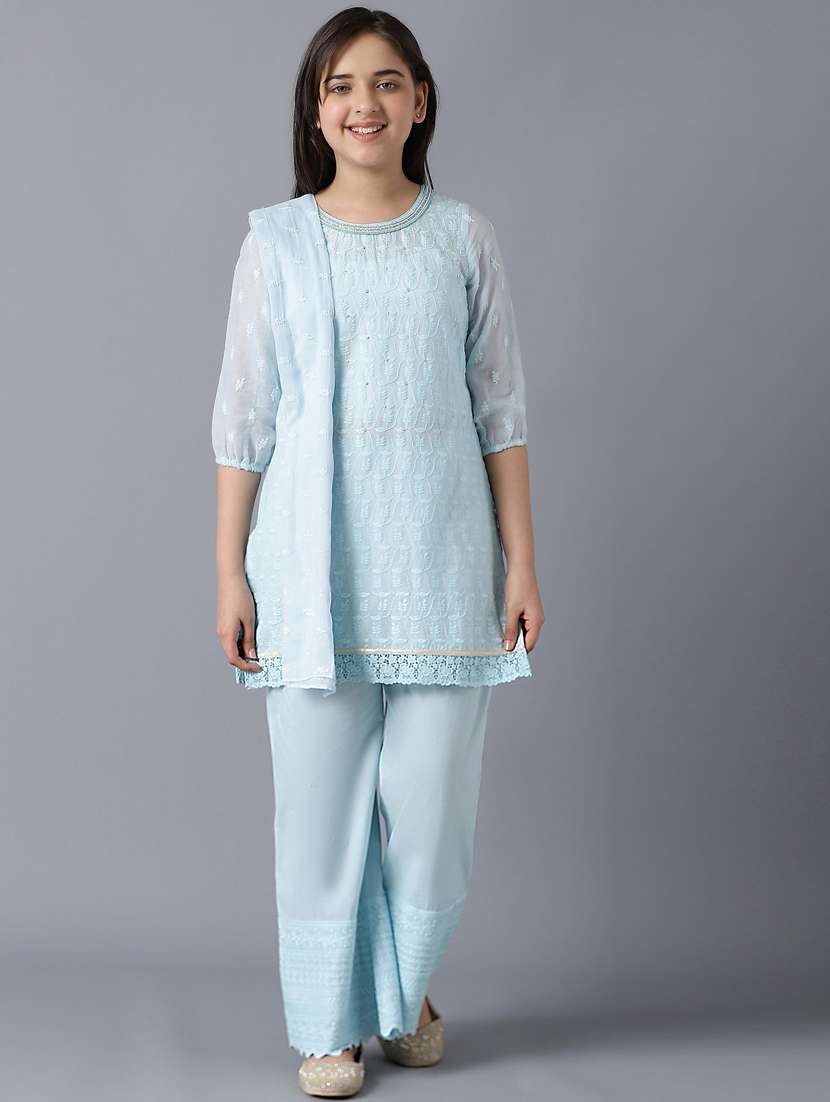 girls blue embroidered suit set