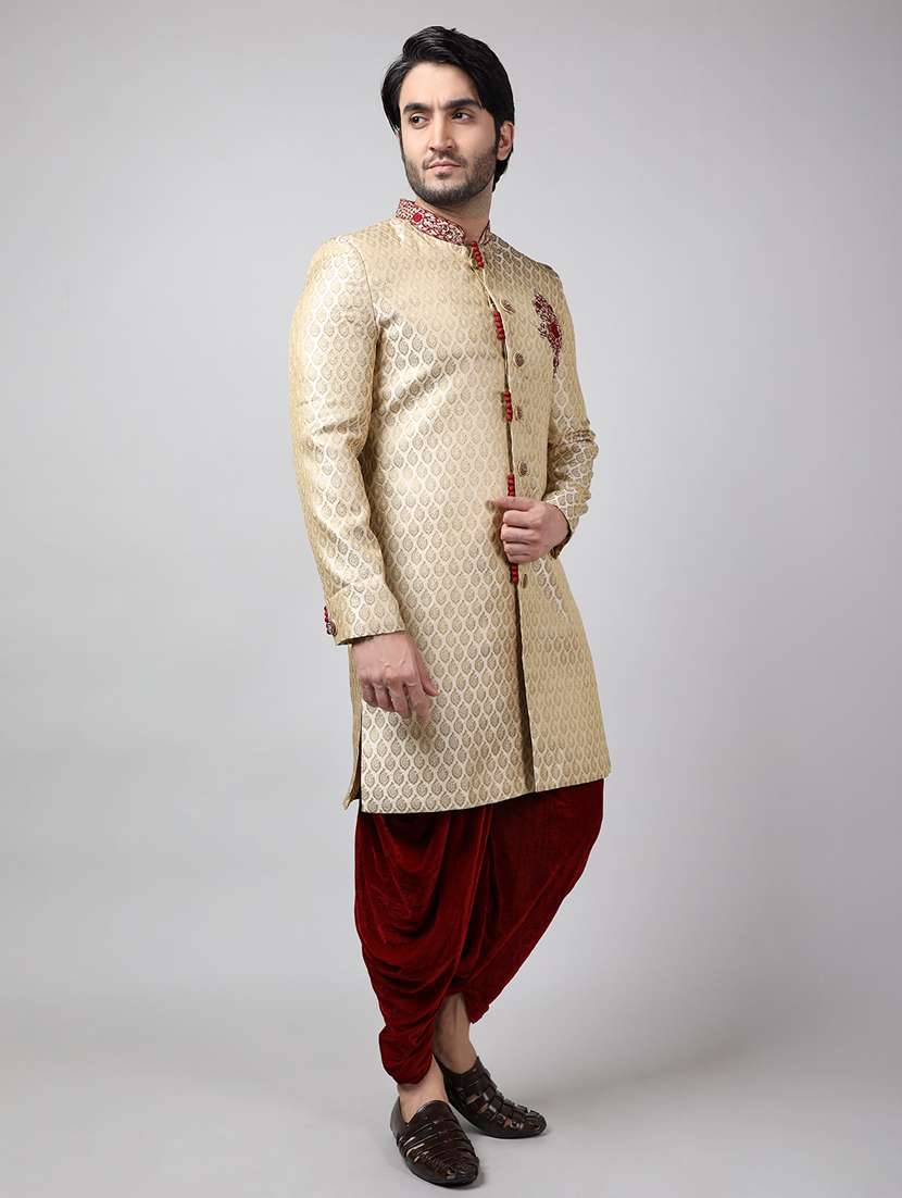 golden silk brocade sherwani ethnic wear set - 18473005 -  Standard Image - 1