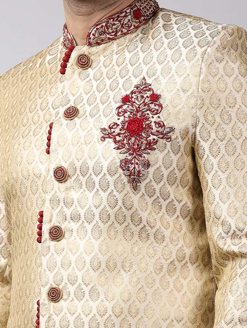 golden silk brocade sherwani ethnic wear set - 18473005 -  Standard Image - 4