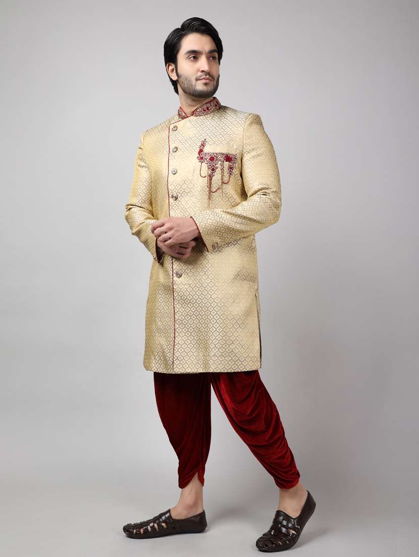 golden silk brocade sherwani ethnic wear set - 18473006 -  Standard Image - 1