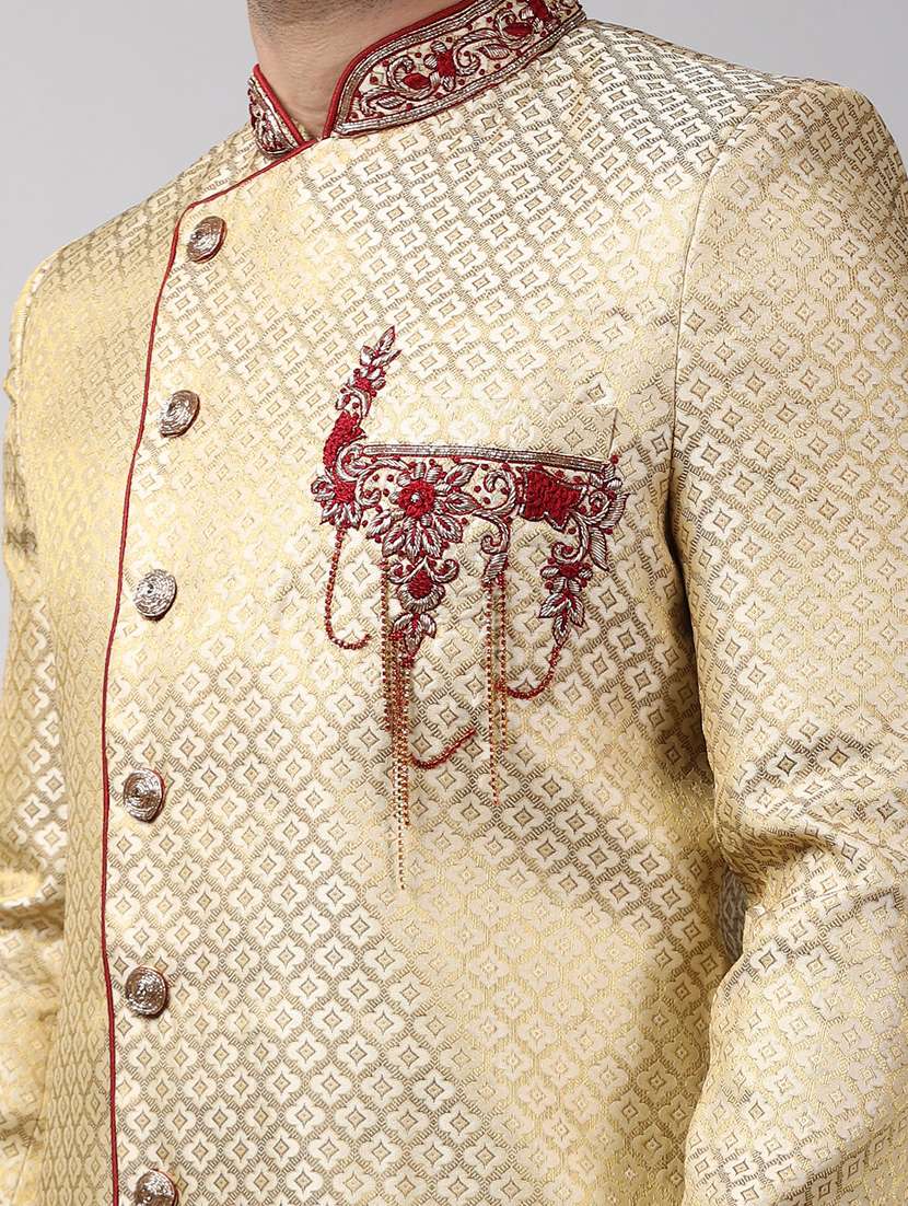golden silk brocade sherwani ethnic wear set - 18473006 -  Standard Image - 4