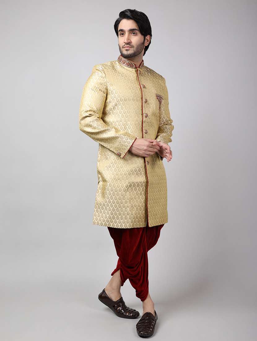 golden silk brocade sherwani ethnic wear set - 18473010 - Standard Image - 1