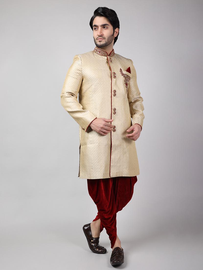 golden silk brocade sherwani ethnic wear set - 18473014 -  Standard Image - 1