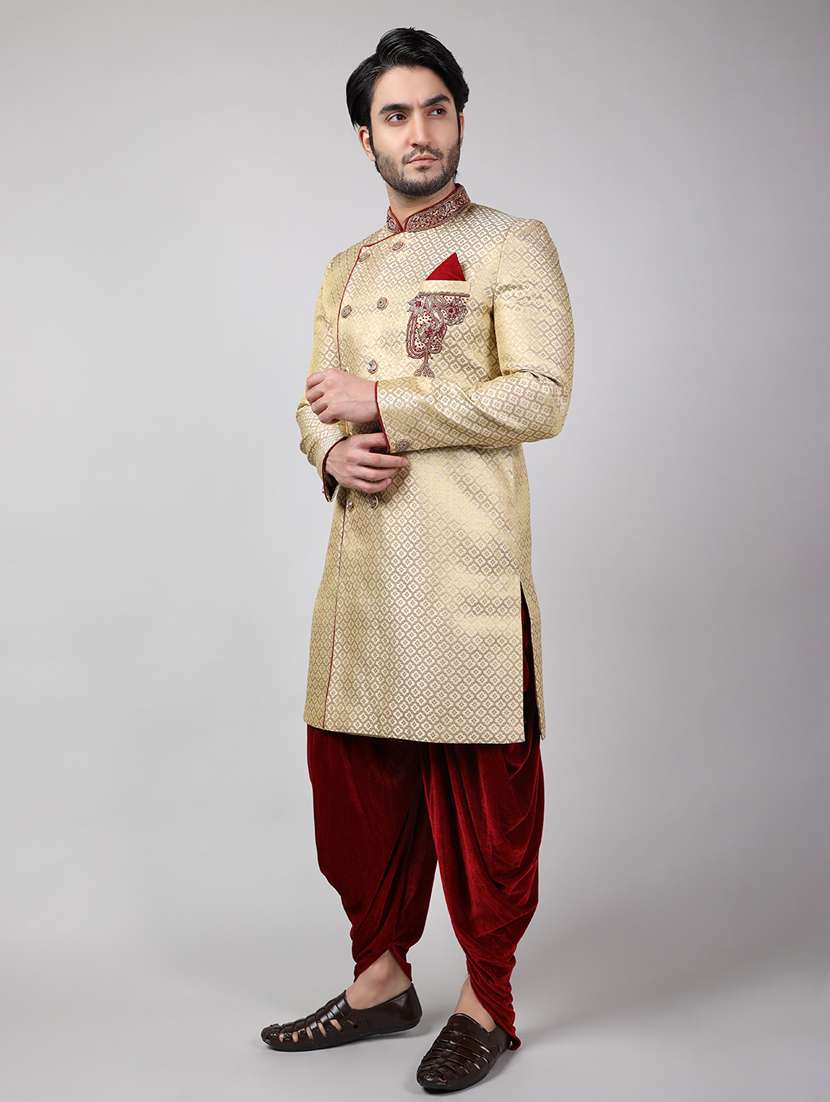 golden silk brocade sherwani ethnic wear set - 18473015 -  Standard Image - 1