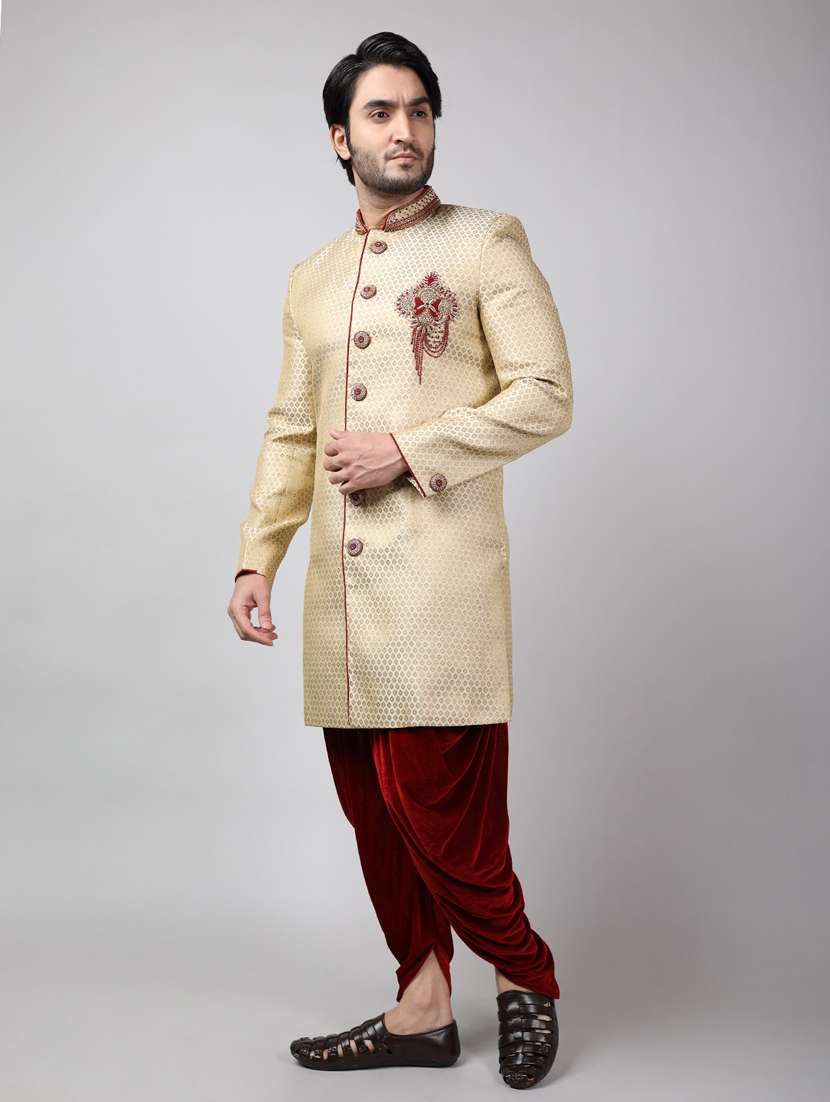 golden silk brocade sherwani ethnic wear set - 18473017 - Standard Image - 1