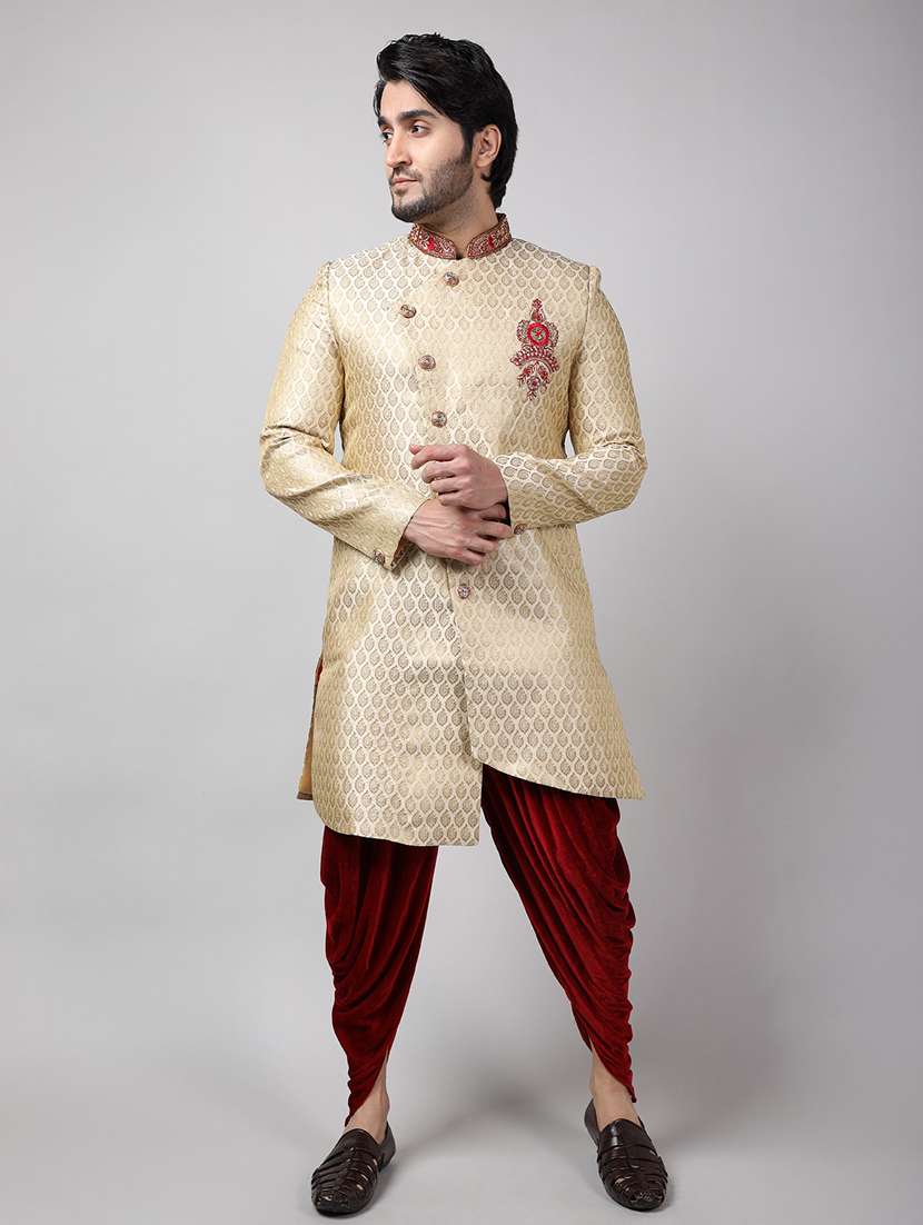 golden silk brocade sherwani ethnic wear set