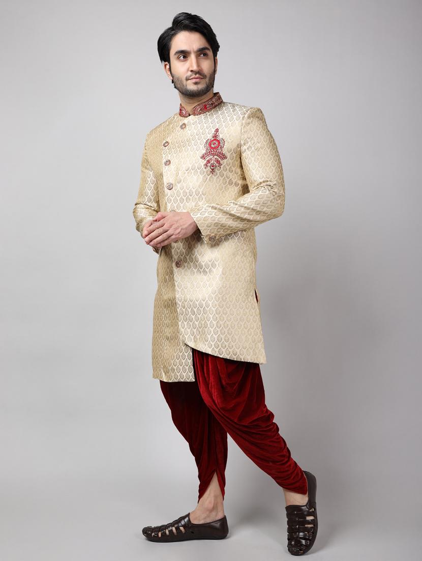 golden silk brocade sherwani ethnic wear set - 18473019 -  Standard Image - 1