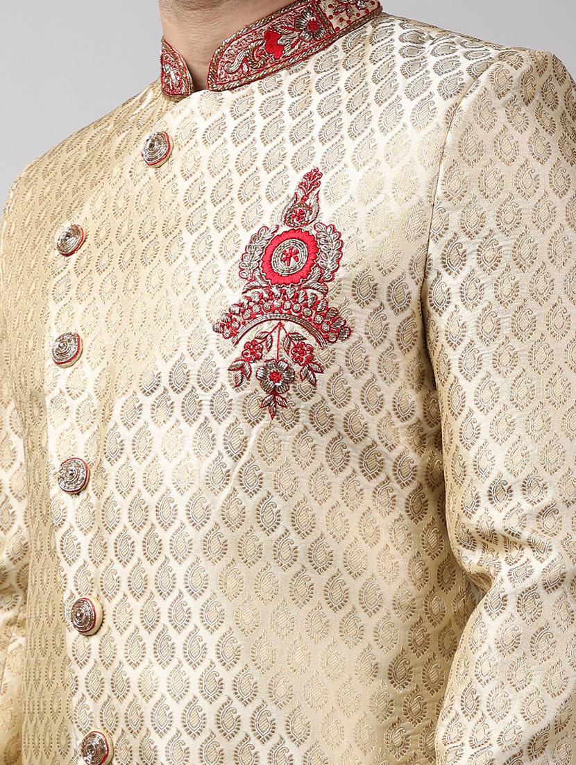 golden silk brocade sherwani ethnic wear set - 18473019 - Standard Image - 4
