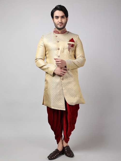 golden silk brocade sherwani ethnic wear set - 18473021 -  Standard Image - 0