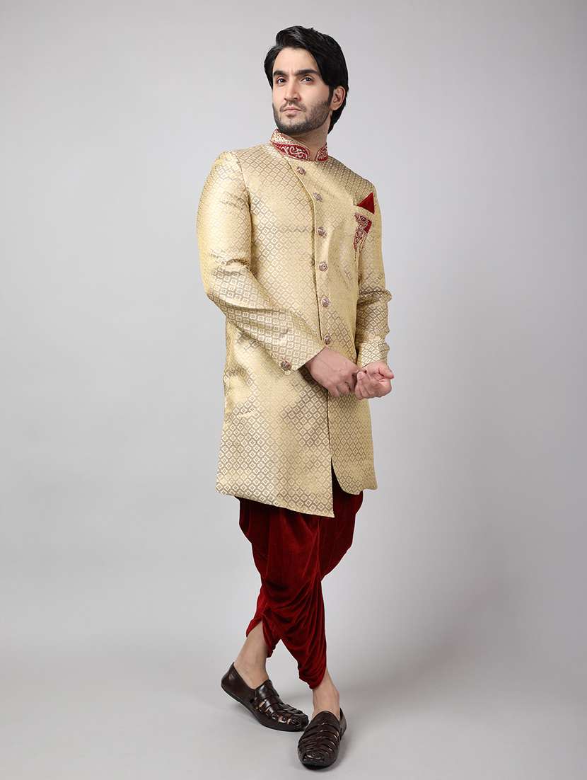 golden silk brocade sherwani ethnic wear set - 18473021 -  Standard Image - 1