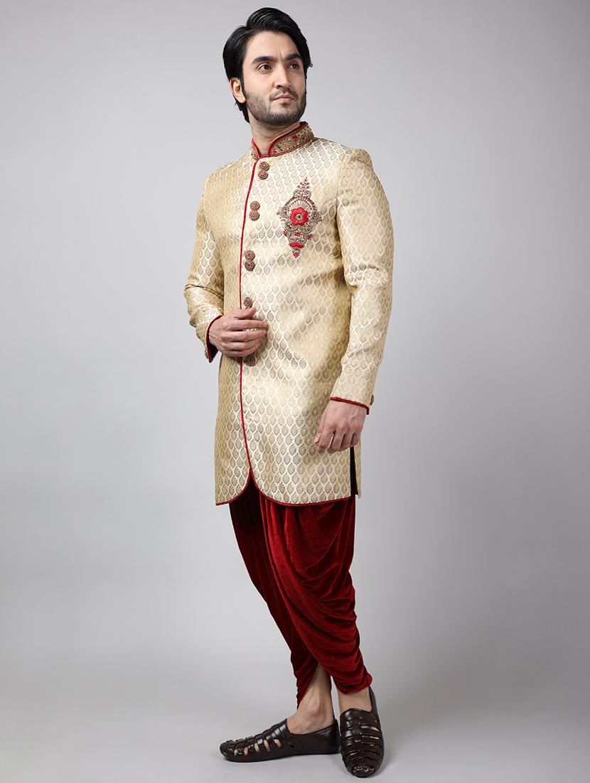 golden silk brocade sherwani ethnic wear set - 18473022 -  Standard Image - 1