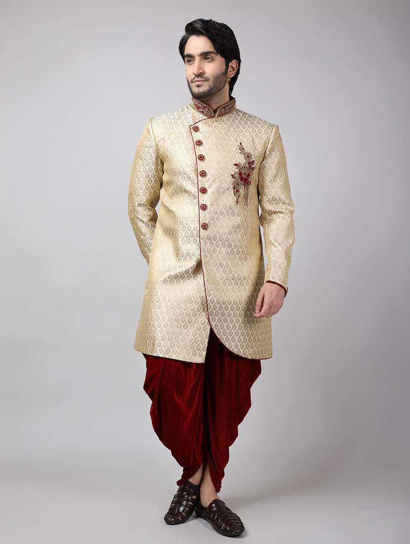 golden silk brocade sherwani ethnic wear set - 18473024 - Zoom Image - 0