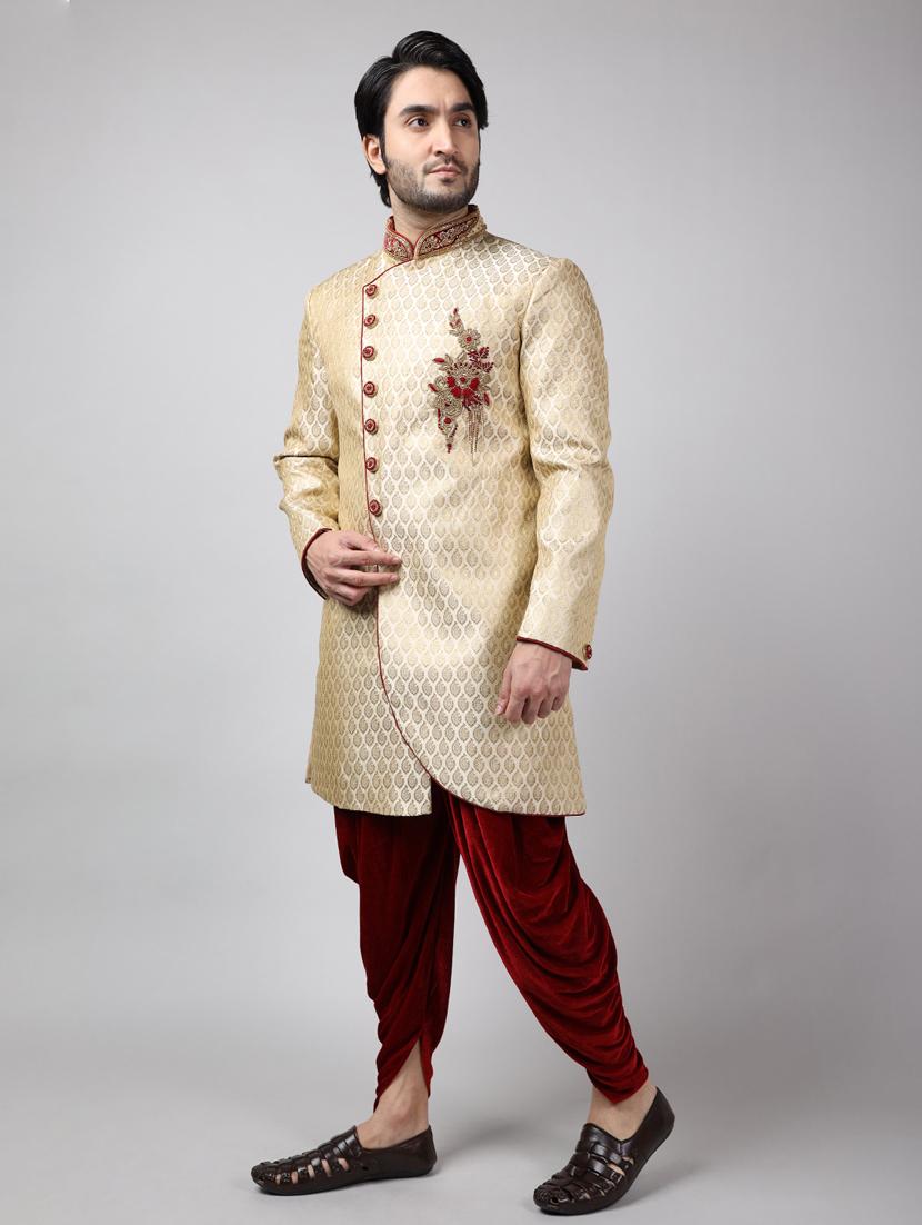 golden silk brocade sherwani ethnic wear set - 18473024 -  Standard Image - 1
