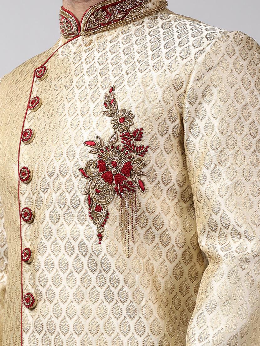 golden silk brocade sherwani ethnic wear set - 18473024 - Standard Image - 4