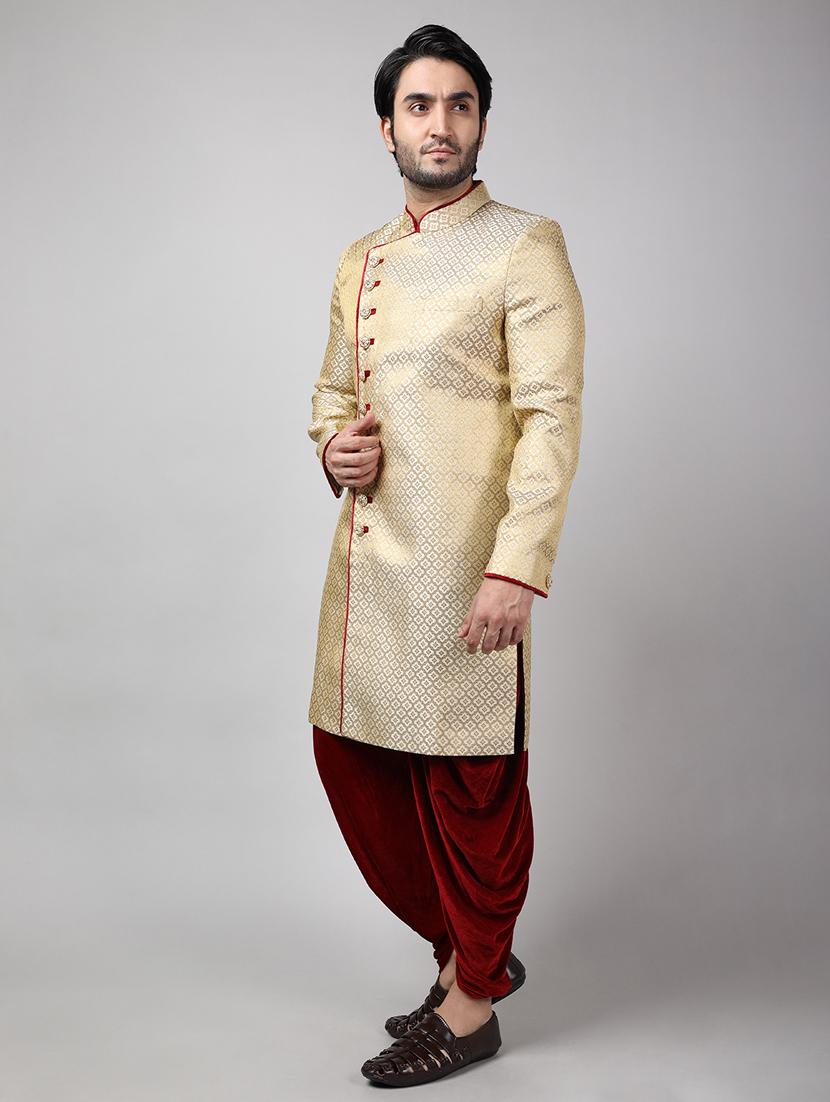 golden silk brocade sherwani ethnic wear set - 18473025 -  Standard Image - 1