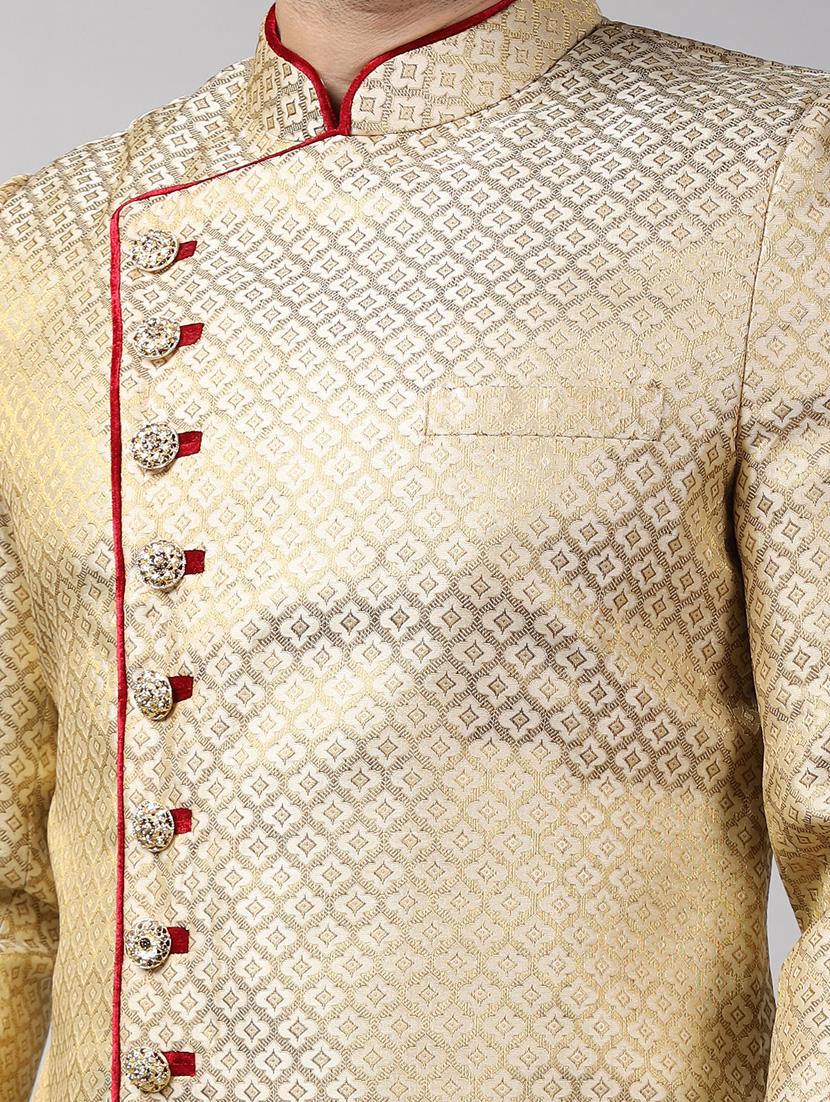 golden silk brocade sherwani ethnic wear set - 18473025 - Standard Image - 4