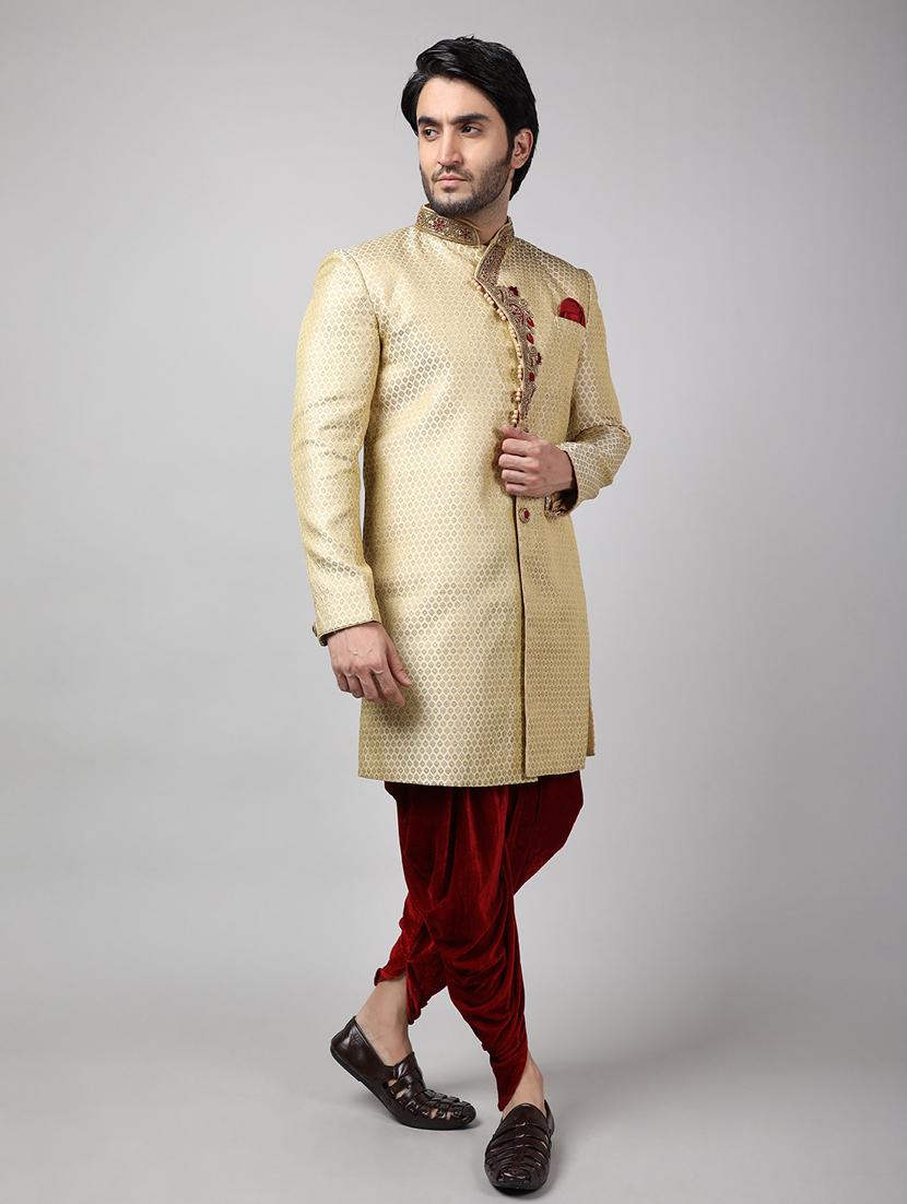 golden silk brocade sherwani ethnic wear set - 18473028 -  Standard Image - 1