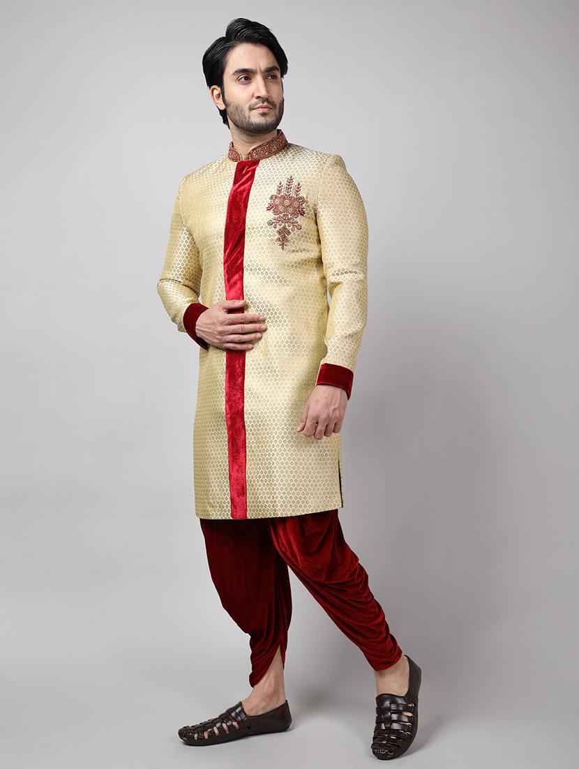 golden silk brocade sherwani ethnic wear set - 18473029 -  Standard Image - 1