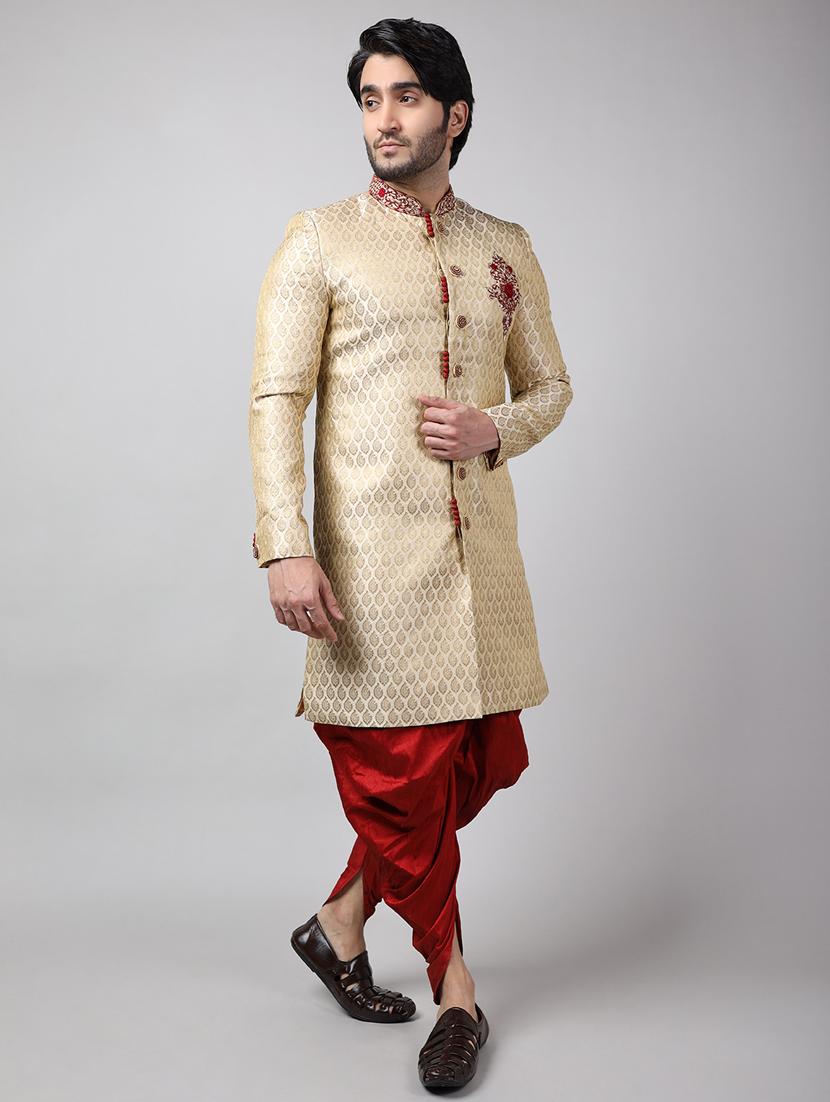 golden silk brocade sherwani ethnic wear set - 18473031 -  Standard Image - 1