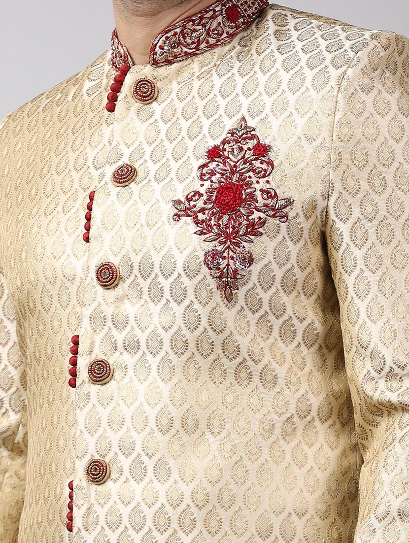 golden silk brocade sherwani ethnic wear set - 18473031 - Standard Image - 4