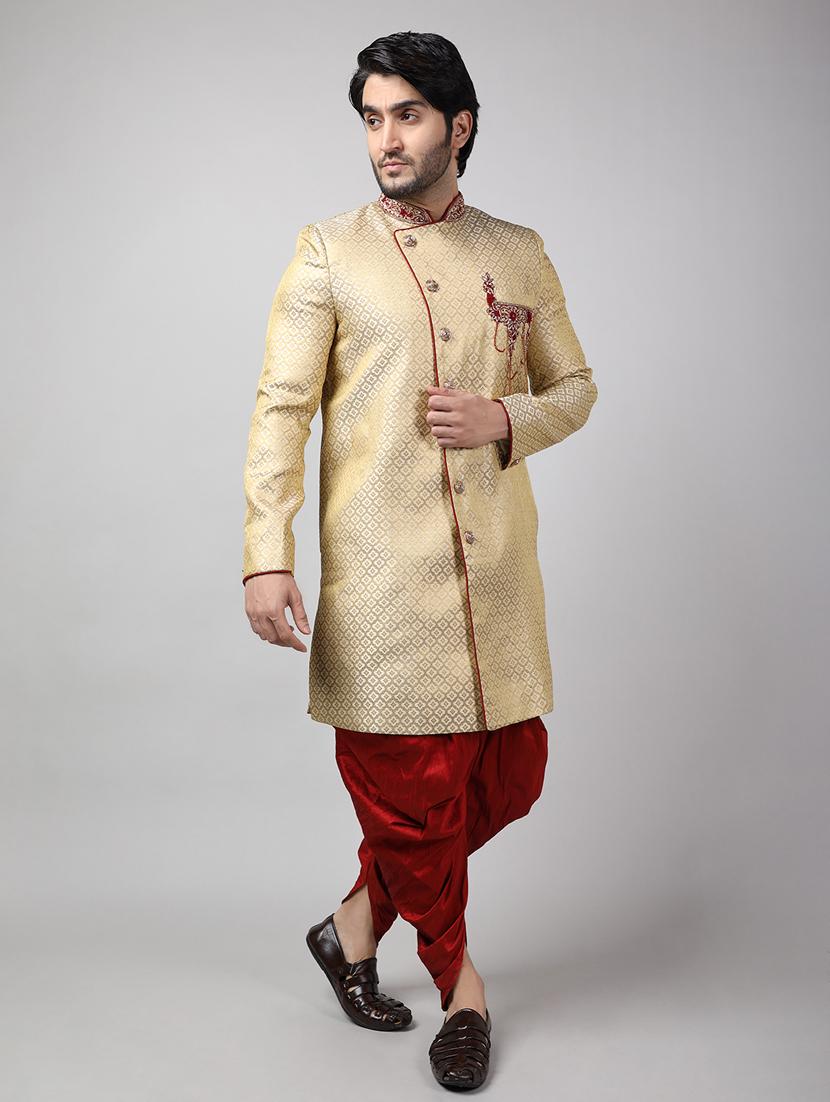 golden silk brocade sherwani ethnic wear set - 18473032 -  Standard Image - 1