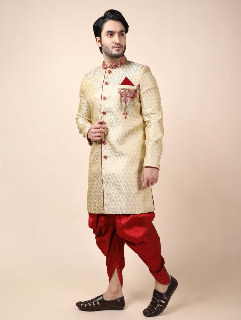 golden silk brocade sherwani ethnic wear set - 18473035 -  Standard Image - 1