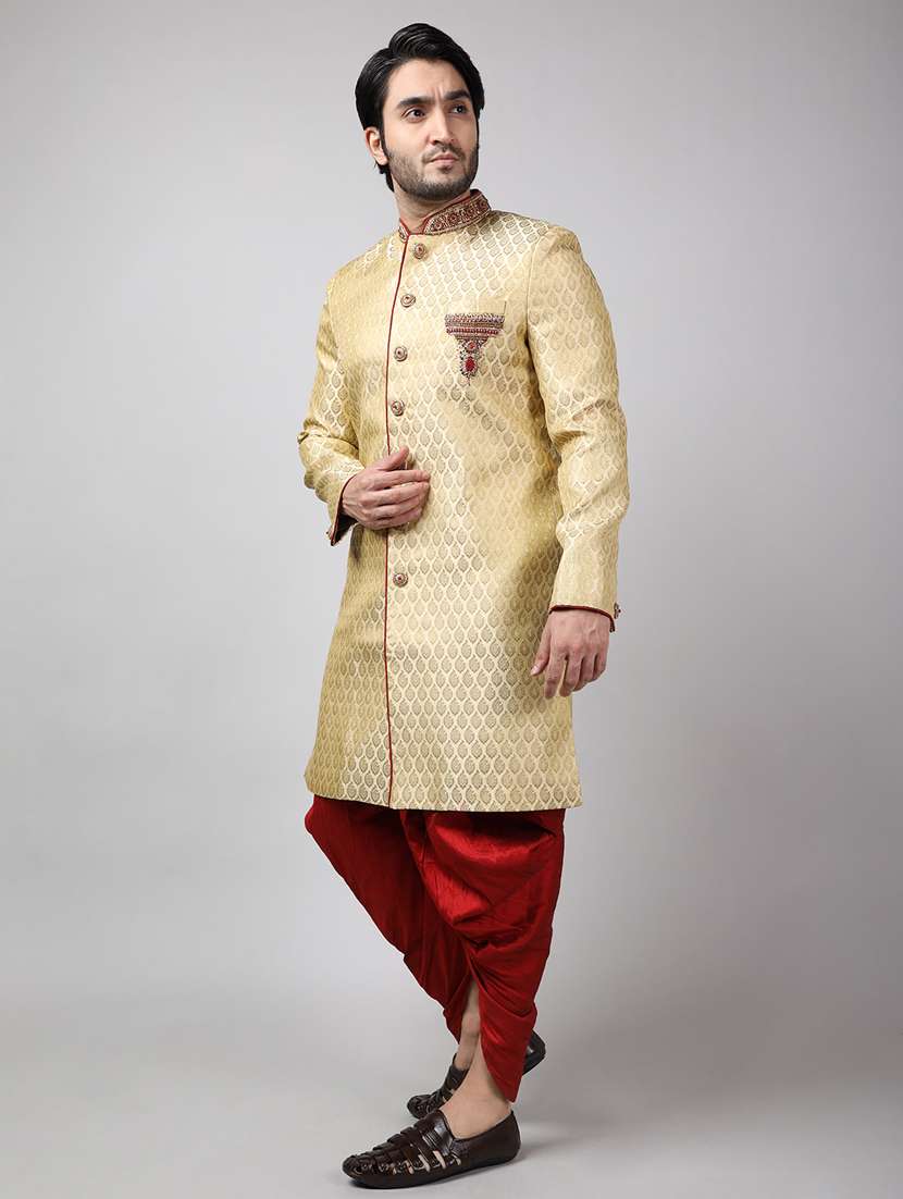 golden silk brocade sherwani ethnic wear set - 18473036 -  Standard Image - 1