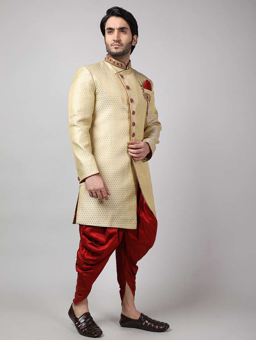 golden silk brocade sherwani ethnic wear set - 18473037 -  Standard Image - 1