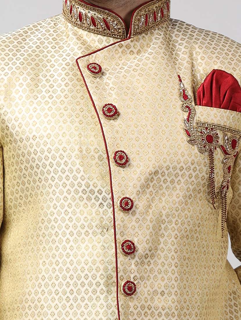 golden silk brocade sherwani ethnic wear set - 18473037 -  Standard Image - 4