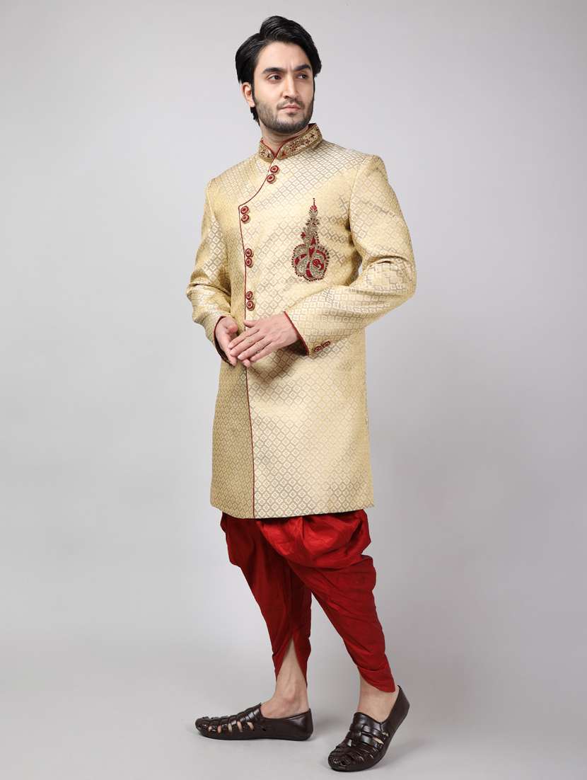 golden silk brocade sherwani ethnic wear set - 18473038 -  Standard Image - 1