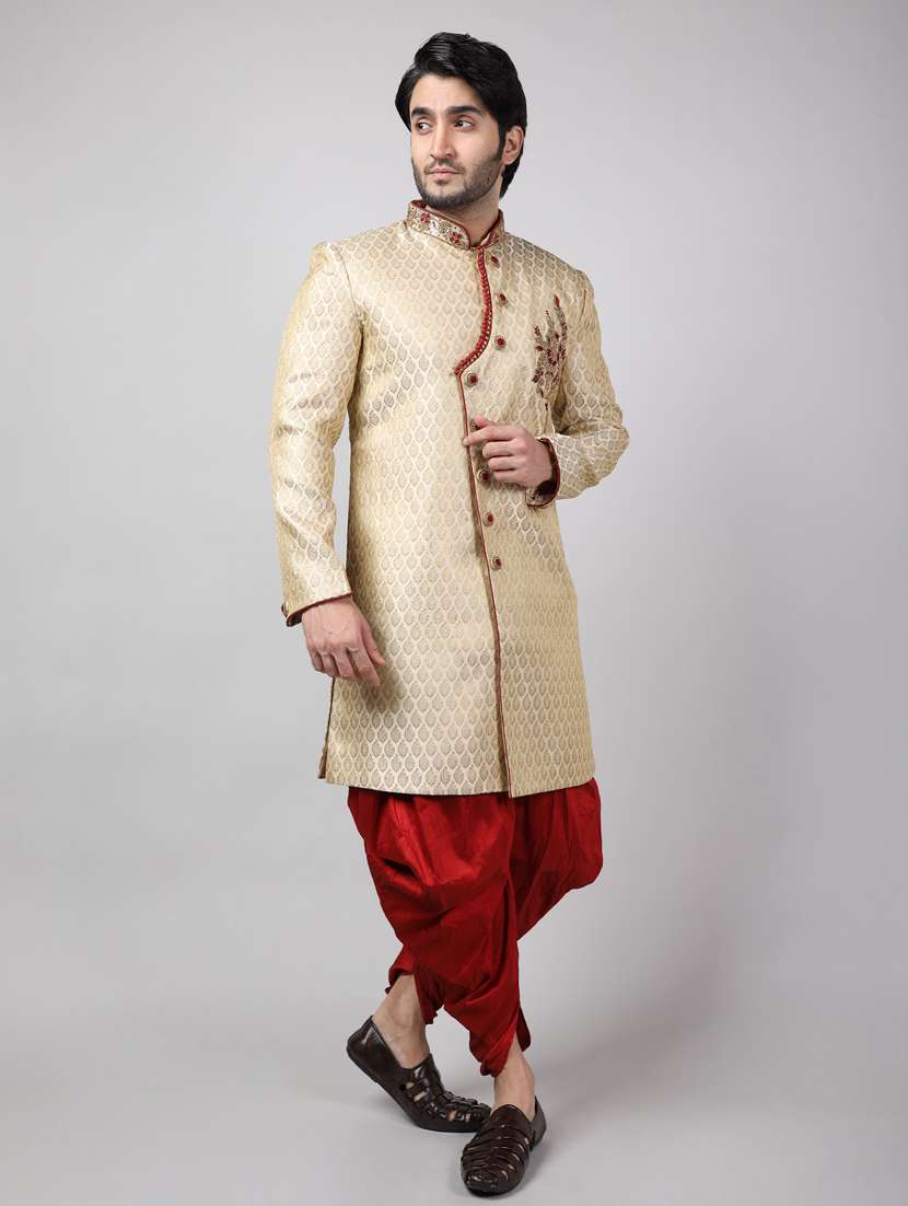 golden silk brocade sherwani ethnic wear set - 18473039 -  Standard Image - 1