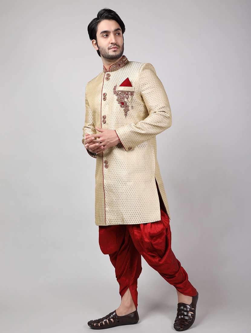 golden silk brocade sherwani ethnic wear set - 18473040 -  Standard Image - 1