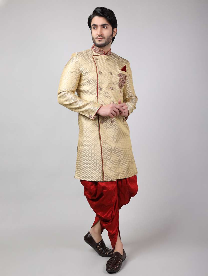 golden silk brocade sherwani ethnic wear set - 18473041 -  Standard Image - 1
