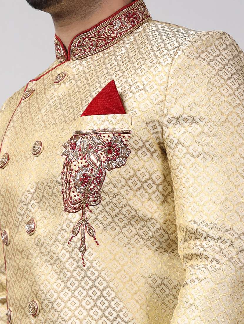 golden silk brocade sherwani ethnic wear set - 18473041 - Standard Image - 4