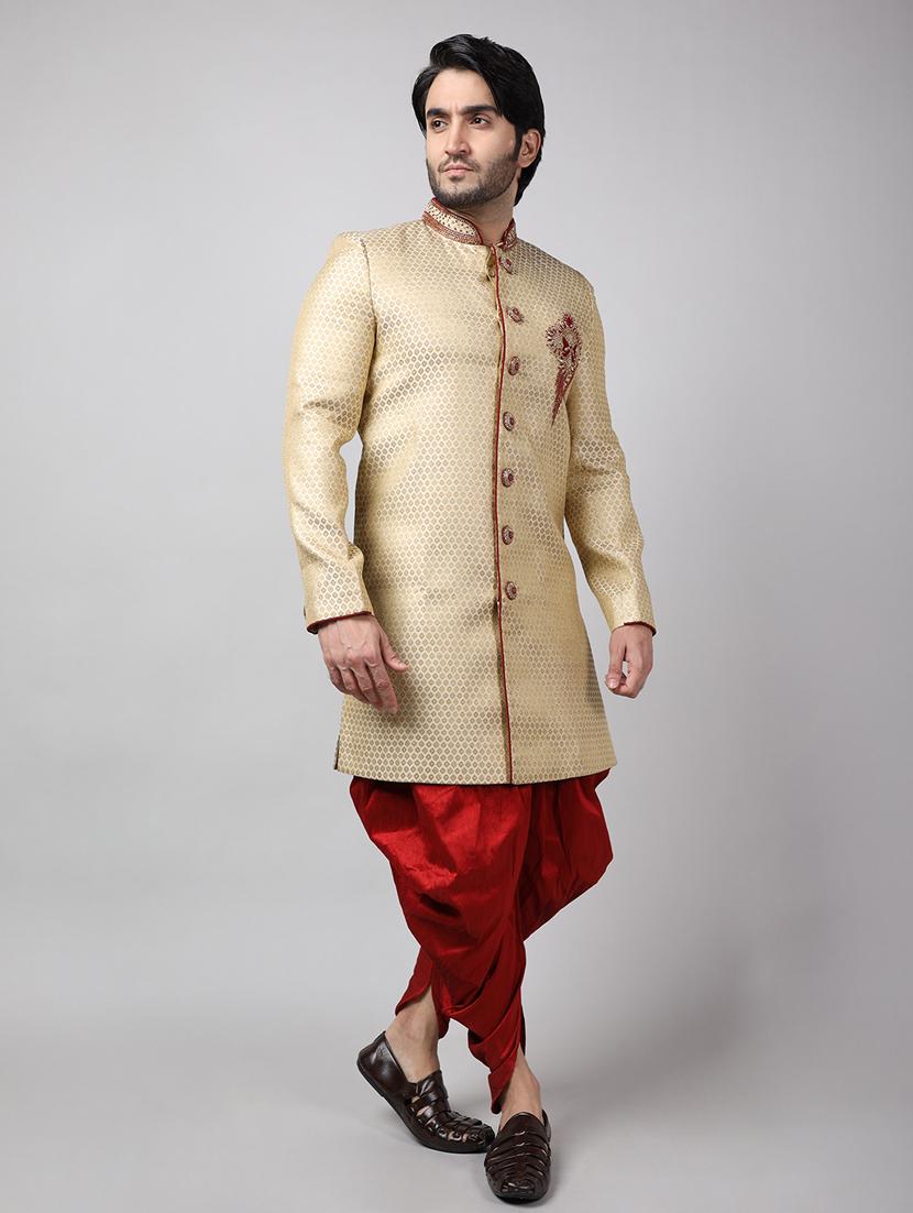 golden silk brocade sherwani ethnic wear set - 18473043 -  Standard Image - 1